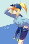  artoria_pendragon_(all) blonde_hair blue_background blue_eyes blue_hat blue_shirt blue_skirt blue_sweater breasts cis05 clothes_around_waist dress_shirt fate/grand_order fate_(series) grin hair_between_eyes hat leaning_forward long_hair looking_at_viewer medium_breasts mysterious_heroine_x pencil_skirt police police_uniform policewoman ponytail shirt sidelocks skirt smile solo standing sweater sweater_around_waist uniform 