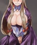  blonde_hair breasts breasts_outside dress grin hair_censor hair_ornament hair_over_breasts head_out_of_frame large_breasts long_hair no_bra purple_dress smile solo touhou yakumo_yukari yohane 