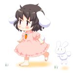  :3 animal_ears arms_at_sides barefoot bebeneko black_hair blush_stickers bunny bunny_ears bunny_tail carrot_necklace chibi dress inaba inaba_tewi looking_to_the_side open_hands pink_dress puffy_short_sleeves puffy_sleeves red_eyes short_hair short_sleeves simple_background smile solo tail touhou walking white_background |_| 