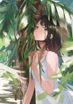  black_hair brown_eyes collarbone day dress fly_(marguerite) long_hair looking_at_viewer original outdoors parted_lips sleeveless sleeveless_dress solo sundress tree upper_body white_dress 