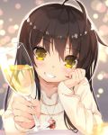  alastor_(shakugan_no_shana) bangs black_hair blurry blush brown_eyes champagne_flute chin_rest collarbone commentary cup depth_of_field drinking_glass eyebrows_visible_through_hair fingernails hand_up head_rest head_tilt holding holding_cup jewelry long_hair long_sleeves looking_at_viewer multicolored multicolored_eyes pendant ring roke shakugan_no_shana shana smile solo sweater teeth upper_body wedding_band yellow_eyes yellow_sweater 