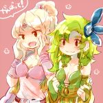  blush breasts cleavage commentary_request earrings final_fantasy final_fantasy_iv green_hair hair_ornament jewelry long_hair multiple_girls ponytail rosa_farrell rydia smile sunagimo_(nagimo) 