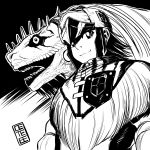  absurdres armor breasts cete_(controllingtime) great_jagras great_jagras_(armor) greyscale highres horns long_hair looking_at_viewer monochrome monster_hunter monster_hunter:_world open_mouth smile solo weapon 