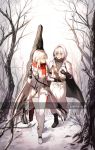  1girl bare_tree boots commander_(girls_frontline) commentary_request forest girls_frontline gloves hood hooded_jacket iws-2000_(girls_frontline) jacket korean_commentary monocle nature red_eyes scarf silence_girl snow tree white_hair 