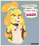  2018 animal_crossing anthro areola blush breasts canine clothing digital_drawing_(artwork) digital_media_(artwork) eyelashes female fur isabelle_(animal_crossing) looking_at_viewer mammal nintendo nipples open_mouth presenting simple_background smile solo standing valavari video_games 
