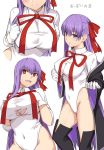  bb_(fate)_(all) bb_(swimsuit_mooncancer)_(fate) black_coat blush boots breasts commentary covered_navel fate/extra fate/extra_ccc fate/grand_order fate_(series) groin highleg highleg_leotard large_breasts leotard long_hair looking_at_viewer multiple_views popped_collar purple purple_eyes purple_hair red_eyes ribbon shiseki_hirame simple_background standing thigh_boots thighhighs torn_clothes very_long_hair white_background 
