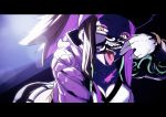  akali ass baseball_cap belt breasts cleavage eyeliner hat hood hooded_jacket jacket k/da_(league_of_legends) k/da_akali league_of_legends long_hair looking_at_viewer makeup mask nilitsu open_mouth ponytail solo teeth tongue tongue_out yellow_eyes 