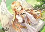  blonde_hair character_name closed_eyes copyright_name dress fire_emblem fire_emblem:_akatsuki_no_megami hand_on_own_chest highres kurosawa_tetsu leanne long_hair long_sleeves sitting smile solo very_long_hair white_dress white_wings wide_sleeves wings 