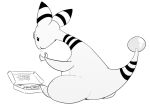  ambiguous_gender ampharos black_and_white black_eyes doughnut eating english_text feral food full-length_portrait line_art monochrome nintendo nude pok&eacute;mon pok&eacute;mon_(species) portrait rear_view shoutingisfun simple_background solo suggestive suggestive_food text video_games white_background 