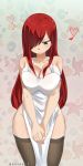  1girl apron breasts brown_eyes cleavage erza_scarlet fairy_tail gaston18 large_breasts long_hair red_hair tagme thighhighs 
