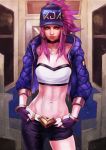  absurdres akali baseball_cap bracelet breasts cleavage hat highres idol jacket jewelry k/da_(league_of_legends) k/da_akali league_of_legends midriff monori_rogue navel open_clothes ponytail purple_hair solo yellow_eyes 