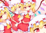  :o arms_around_neck blonde_hair cravat eyebrows_visible_through_hair fang flandre_scarlet four_of_a_kind_(touhou) hair_between_eyes hands_on_another's_shoulders hat hat_ribbon head_tilt looking_at_viewer midriff mob_cap multiple_girls navel one_eye_closed open_mouth pink_background puffy_short_sleeves puffy_sleeves red_eyes red_skirt red_vest ribbon short_hair short_sleeves side_ponytail simple_background skirt skirt_set smile suiton_(000suiton) touhou vest wings wrist_cuffs yellow_neckwear 