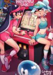  2girls absurdres aori_(splatoon) arcade arcade_cabinet arcade_stick artist_name ass bike_shorts collarbone colo_(nagrolaz) commentary controller copyright_name earrings fangs game_controller hair_up highres hotaru_(splatoon) jellyfish_(splatoon) jewelry joystick leaning_forward lock metal_slug midriff mole mole_under_eye multiple_girls navel open_mouth padlock playing_games pointy_ears ponytail power_stone purple_hair short_shorts shorts silver_hair sitting smile splatoon_(series) stomach sweatdrop symbol-shaped_pupils tank_top tentacle_hair visor_cap wristband yellow_eyes 