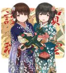  2019 2girls aircraft airplane alternate_hairstyle bag black_eyes black_hair blue_kimono boar braid brown_eyes brown_hair chinese_zodiac crown_braid e16a_zuiun eyebrows_visible_through_hair floral_print flower french_braid green_kimono hair_between_eyes hair_flower hair_ornament hayashi_naoharu highres imperial_japanese_navy isonami_(kantai_collection) japanese_clothes kantai_collection kimono long_hair long_sleeves looking_at_viewer low_twintails multiple_girls new_year obi open_mouth sash shirayuki_(kantai_collection) short_twintails smile twintails white_background wide_sleeves year_of_the_pig zuiun_(kantai_collection) 