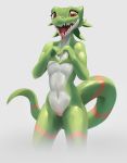  anthro countershade_torso countershading female flat_chested front_view gesture green_scales hand_heart kobold looking_at_viewer nude open_mouth portrait pussy red_eyes reptile scales scalie sharp_teeth simple_background slit_pupils solo standing striped_tail stripes teeth three-quarter_portrait tongue tongue_out w4g4 white_background white_countershading 