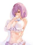  bangs bikini blush breasts cellphone cleavage commentary_request eyebrows_visible_through_hair frilled_bikini frills front-tie_top hana_mori highres holding holding_cellphone holding_phone in_swimsuit large_breasts lavender_hair looking_at_viewer navel phone red_eyes shinjou_akane short_hair smartphone solo ssss.gridman standing swimsuit white_bikini 