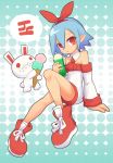  arm_support blue_hair commentary_request detached_sleeves disgaea flat_chest food full_body hair_between_eyes hair_ribbon hairband highres holding ice_cream ice_cream_cone omeehayo pleinair pointy_ears red_eyes red_footwear ribbon shoes short_hair sidelocks solo stuffed_animal stuffed_bunny stuffed_toy usagi-san white_legwear 