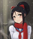  1girl black_hair brown_eyes colorized highres looking_at_viewer medium_hair oura_kanako ponytail sayonara_zetsubou_sensei scarf smile solo 