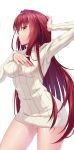 absurdres bangs breasts fate/grand_order fate_(series) feng_mouren hair_between_eyes hand_on_head highres large_breasts long_hair looking_at_viewer no_panties pussy red_eyes red_hair ribbed_sweater scathach_(fate)_(all) scathach_(fate/grand_order) solo sweater thighs white_sweater 