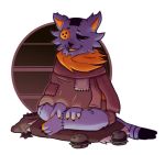  2018 3_fingers 3_toes alpha_channel anthro bag black_eyes brown_background brown_clothing burger button_eyes cat cheek_tuft clothed clothing coat crossed_legs cushion deltarune digital_media_(artwork) dipstick_tail feline fivenightsatsnowys food fully_clothed fur half-closed_eyes living_doll male mammal monster multicolored_tail neck_tuft open_mouth open_smile orange_fur patch_(fabric) paws purple_fur scar scarf seam_(deltarune) signature simple_background sitting smile solo star stitches striped_tail stripes toes transparent_background tuft video_games 