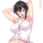  armpits arms_up black_hair breasts commentary_request covered_nipples green_eyes long_hair looking_at_viewer medium_breasts midriff minori_yumeko minori_yumeko_(character) navel one_eye_covered shu-mai smile solo translation_request virtual_youtuber 