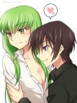  1girl black_shirt breasts brown_hair c.c. cleavage code_geass collarbone dress_shirt eyebrows_visible_through_hair green_hair hair_between_eyes highres lelouch_lamperouge light_smile long_hair looking_away open_clothes open_shirt parted_lips purple_eyes setu_kurokawa shiny shiny_hair shirt sketch speech_bubble sweatdrop twitter_username upper_body white_shirt yellow_eyes 