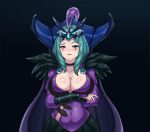  1girl blush breasts choker cleavage cloak collarbone dress emilia_leblanc feather green_hair grow_minion large_breasts league_of_legends open_mouth purple_dress purple_eyes ravenborn_leblanc short_hair tiara white_hair 