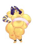  3_toes animal_crossing ankha_(animal_crossing) anthro areola_slip bangs big_breasts biped black_eyes blue_hair blush breasts cat digital_media_(artwork) egyptian feline female hair half-closed_eyes hands_behind_head huge_breasts looking_away mammal nintendo nipples noseless pussy shy simple_background slightly_chubby source_request thick_thighs toes video_games voluptuous white_background wide_hips 