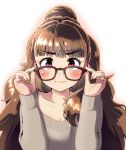  adjusting_eyewear bangs big_hair black-framed_eyewear blunt_bangs blush braided_bun breasts brown_hair cleavage collarbone commentary_request eyebrows_visible_through_hair grimace hair_bun hands_up idolmaster idolmaster_cinderella_girls kamiya_nao kato_(mogumoguokome) long_hair long_sleeves looking_at_viewer looking_over_eyewear purple_eyes solo sweater upper_body white_background 