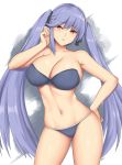  arciealbano azur_lane bangs bikini black_ribbon blue_bikini blue_hair blush braid breasts cleavage collarbone commentary_request essex_(azur_lane) eyebrows_visible_through_hair french_braid groin hair_between_eyes hand_on_hip hand_up highres large_breasts long_hair looking_at_viewer navel ribbon sidelocks signature solo stomach strapless strapless_bikini swimsuit thighs twintails very_long_hair yellow_eyes 