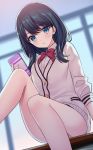  black_hair blue_eyes bow bowtie cardigan cellphone commentary_request eyebrows_visible_through_hair holding holding_phone indoors legs long_hair long_sleeves looking_at_viewer phone red_neckwear shirt sitting solo ssss.gridman takarada_rikka thighs white_cardigan white_shirt yuuki_rika 