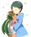  2girls black_hair blue_dress creatures_(company) crying dark_skin dress eyes_closed flower game_freak green_hair hair_flower hair_ornament headband hug kurumi_(forte) long_hair long_sleeves mao&#039;s_mother_(pokemon) mao_(pokemon) mother_and_daughter multiple_girls nintendo overalls petals pink_shirt pokemon pokemon_(anime) pokemon_sm_(anime) shirt short_hair simple_background smile twintails white_background younger 