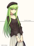  bangs black_hat black_sweater bracelet brown_eyes c.c. choker code_geass collarbone copyright_name eyebrows_visible_through_hair green_hair grey_skirt hat holding jewelry long_hair long_sleeves looking_at_viewer parted_lips pleated_skirt setu_kurokawa shiny shiny_hair simple_background skirt solo standing sweater twitter_username very_long_hair white_background 