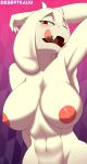  2018 abs absurd_res anthro big_breasts blush boss_monster breasts caprine deltarune desertkaiju digital_media_(artwork) female fur goat hi_res horn licking licking_lips looking_at_viewer mammal mature_female nipples nude open_mouth red_eyes smile solo tongue tongue_out toriel undertale video_games white_fur 
