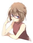  blue_eyes brown_hair brown_shirt cis05 eyebrows_visible_through_hair glasses haibara_ai hair_between_eyes looking_at_viewer meitantei_conan open_mouth red-framed_eyewear shirt short_hair simple_background sleeveless sleeveless_shirt solo upper_body white_background 