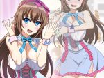  1girl :d bangs blue_dress blue_neckwear blurry blurry_background blush bow bowtie breasts brown_hair cleavage_cutout cowboy_shot cross-laced_clothes dress flying_sweatdrops frilled_dress frills fujisaki_yua hair_bow hairband hairband_bow hands_up head_out_of_frame indoors large_breasts long_hair looking_at_viewer multiple_views nose_blush open_mouth pink_hairband short_dress sleeveless smile standing sweatdrop tonbi upper_body virtual_youtuber wing_collar wrist_cuffs yua_(youtube) 