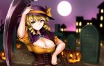  alternate_costume blonde_hair breasts brown_corset capelet cleavage cleavage_cutout commentary_request corset cross dress drill_hair elly frilled_skirt frills graveyard halloween halloween_costume hat highres holding holding_scythe kamiya_ueshi large_breasts orange_dress orange_ribbon pumpkin purple_capelet purple_hat ribbon scythe short_sleeves skirt solo touhou touhou_(pc-98) twin_drills yellow_eyes 