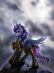  2018 blue_feathers digital_media_(artwork) equine fan_character feathered_wings feathers female feral hair mammal margony my_little_pony pegasus purple_hair red_eyes solo standing wings 