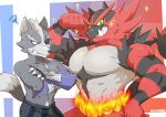  2018 angry anthro black_nose canine clothed clothing duo eye_patch eyewear feline flexing fur grey_fur incineroar kemo_nuko looking_at_viewer male mammal muscular muscular_male nintendo pants pecs pok&eacute;mon pok&eacute;mon_(species) red_fur smile standing star_fox super_smash_bros teeth topless video_games wolf wolf_o&#039;donnell 