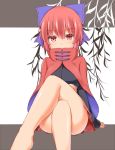  blush breasts cape commentary_request crossed_legs garasuita high_collar large_breasts looking_at_viewer miniskirt red_cape red_eyes red_hair sekibanki short_hair sitting skirt solo thighs touhou 