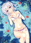  bare_arms bare_legs bare_shoulders bikini blush breasts breasts_apart collarbone day flower from_above front-tie_bikini front-tie_top hair_between_eyes hands_on_own_chest hatsu_(first_snow) head_tilt hibiscus highres kantai_collection kashima_(kantai_collection) looking_at_viewer lying medium_breasts navel on_back outdoors partially_submerged purple_eyes red_flower side-tie_bikini silver_hair smile solo stomach swimsuit two_side_up water white_bikini 