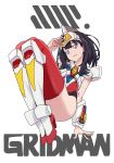  absurdres acceptor black_hair blue_eyes boots copyright_name cosplay denkou_choujin_gridman gridman_(character) gridman_(character)_(cosplay) headpiece highres kengo leotard long_hair looking_at_viewer salute simple_background solo ssss.gridman takarada_rikka thighhighs white_background 