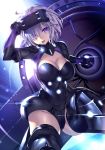  armor armored_dress breasts cleavage cleavage_cutout commentary_request fate/grand_order fate_(series) hair_over_one_eye heirou holding_shield large_breasts lavender_hair looking_at_viewer mash_kyrielight open_mouth purple_eyes purple_hair shield short_hair solo thighhighs visor 