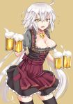  ahoge alcohol alternate_costume apron beer beer_mug blush breasts cleavage commentary_request corset cup dirndl fate/grand_order fate_(series) german_clothes holding holding_cup jeanne_d'arc_(alter)_(fate) jeanne_d'arc_(fate)_(all) long_hair looking_at_viewer oktoberfest open_mouth puffy_short_sleeves puffy_sleeves short_sleeves silver_hair solo taishi_(moriverine) underbust waist_apron waitress yellow_eyes 