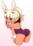  :d animal_ear_fluff animal_ears ass bangs bare_shoulders blonde_hair blush bunny_ears bunny_girl bunny_tail bunnysuit cropped_legs eyebrows_visible_through_hair fingernails gradient gradient_background hair_between_eyes heart heart-shaped_pupils high_ponytail highres leaning_forward leotard long_hair looking_at_viewer looking_back naga_u open_mouth original pink_background ponytail purple_leotard red_eyes sidelocks smile solo strapless strapless_leotard symbol-shaped_pupils tail tan white_background wrist_cuffs 
