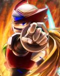  blonde_hair blue_eyes capcom commentary_request gloves grin helmet inualet33 long_hair looking_at_viewer looking_back male_focus open_mouth pointing pointing_at_viewer rockman rockman_x smile solo upper_body white_gloves zero_(rockman) 