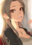  black_jacket breasts brown_eyes brown_hair collarbone earrings idolmaster idolmaster_cinderella_girls jacket jewelry long_hair looking_at_viewer matsunaga_ryou necklace open_mouth sawarakajin simple_background smile solo tears upper_body 