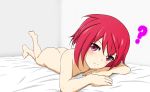  :3 ? alice_gear_aegis ass bangs bed bed_sheet blush breasts chin_rest commentary_request eyebrows_visible_through_hair full_body head_tilt highres himukai_rin indoors looking_at_viewer lying nude on_stomach panettone purple_eyes red_hair short_hair simple_background small_breasts solo sweat 
