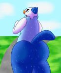  2019 angry anthro bassfxlimit belly big_butt butt clothing digital_media_(artwork) hi_res jogging looking_at_viewer male mammal mustelid nintendo nude oshawott otter overweight pok&eacute;mon pok&eacute;mon_(species) simple_background sweat thick_thighs video_games 