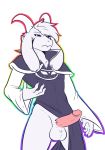  2018 4_fingers anthro asriel_dreemurr asriel_dreemurr_(god_form) balls black_markings caprine claws clothed clothing clothing_aside delta_rune erection fangs fur goat half-closed_eyes horn humanoid_penis long_ears looking_at_viewer male mammal markings munks_(artist) penis presenting presenting_penis rainbow robe simple_background solo standing teeth tuft uncut undertale video_games white_background white_fur 